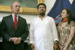 Ahmed Sharif, flanked by Mayor Bloomberg and Bhairavi Desai